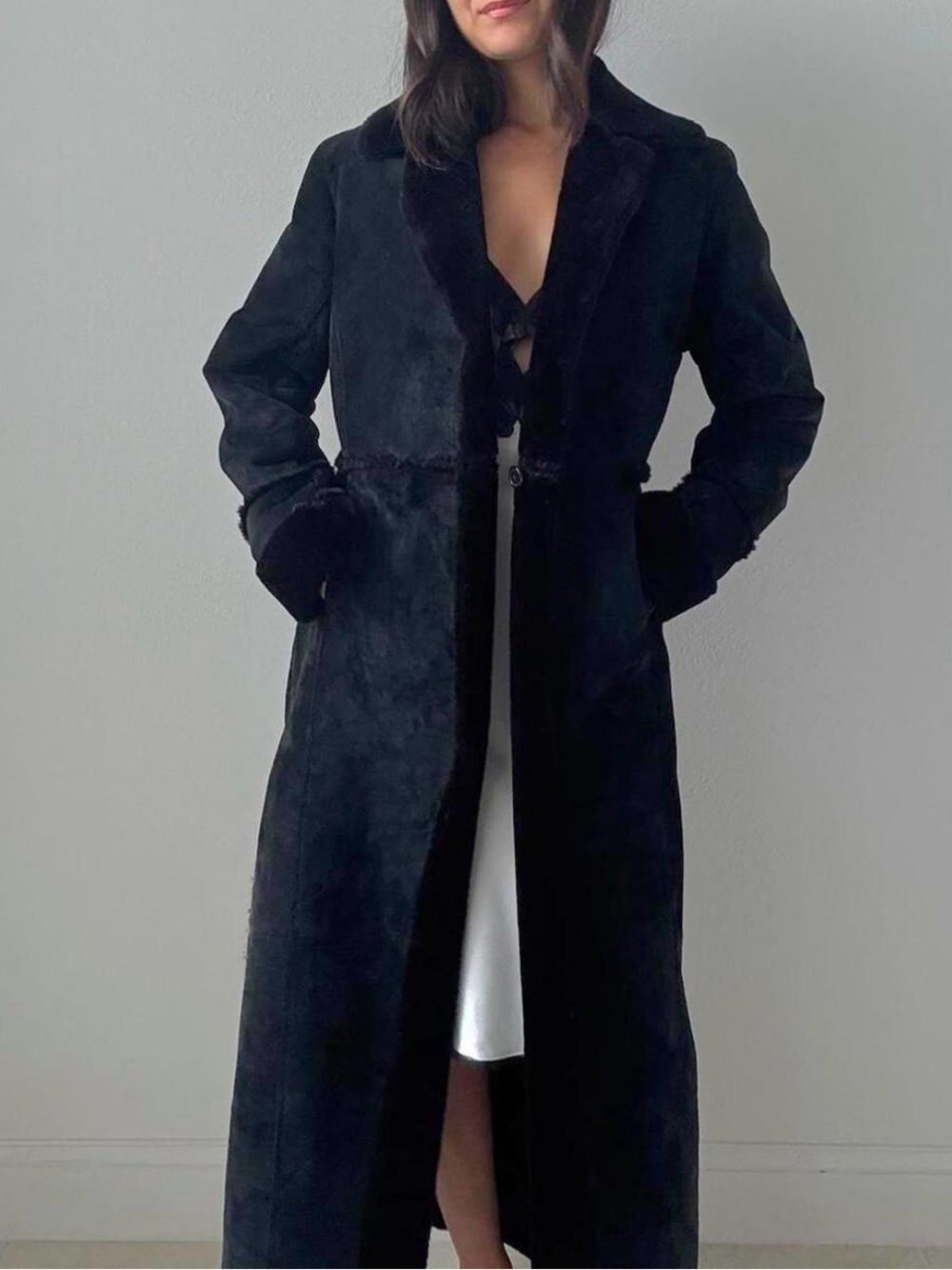 Vintage Express Penny Lane Style Black Suede Coat Lined/Trimmed w/ Faux Fur
